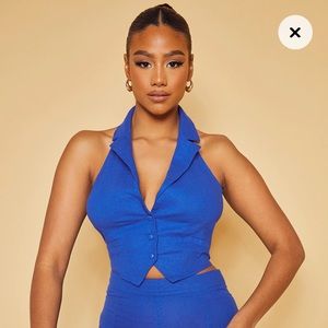 Blue Linen Look Halterneck Waistcoat